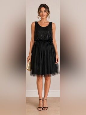 Union Bay Black Sequin Tulle Dress NWT w Floral Detail Sleeveless Dress | Size L